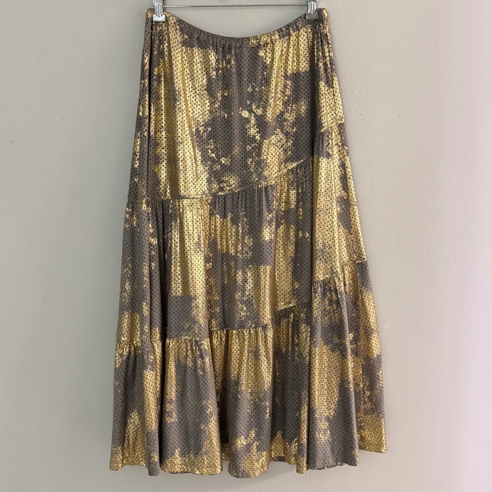 Alembika Gold Metallic Foil Perforated Tiered Maxi Skirt Grey Women Size 4